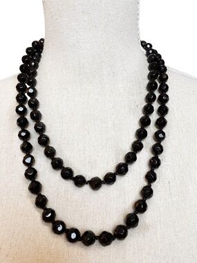 VTG Art Deco Style Faceted Black Crystal Jet Glass Bead HandKnotted Necklace 🖤